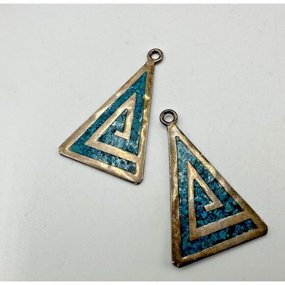Vintage Taxco Mexico Pendants 925 Sterling Silver Turquoise Inlay Triangle - Picture 3 of 8
